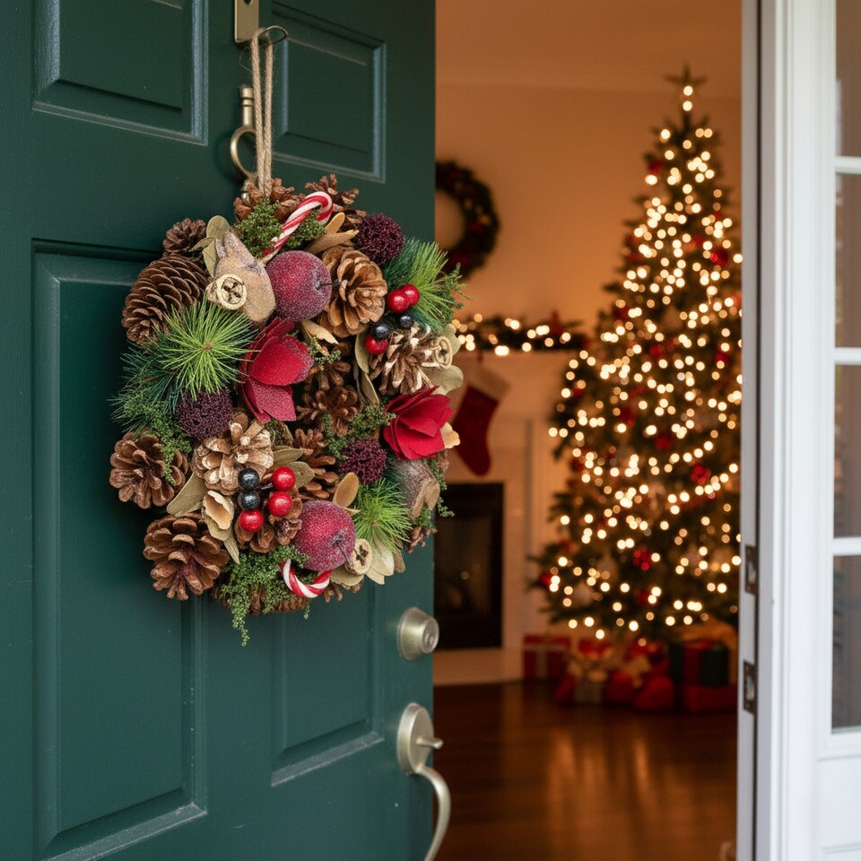 image 1 of Christmas Wreath Festive Decoration with Jute Hanger Traditional Pinecone Decor | Multi | Candy Cane | 34cm | 1
