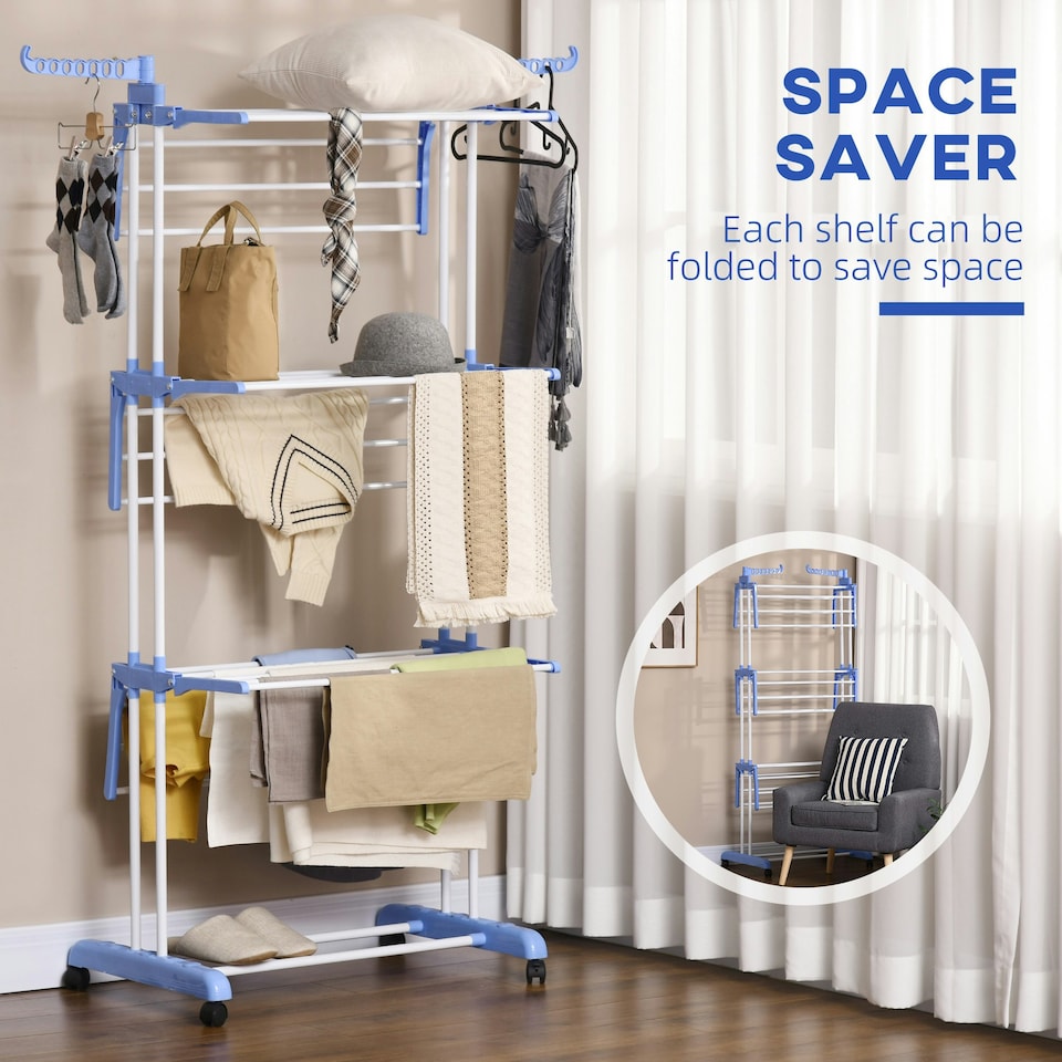 image 1 of HOMCOM Foldable Clothes Drying Rack Steel Garment Dryer with Casters Blue
