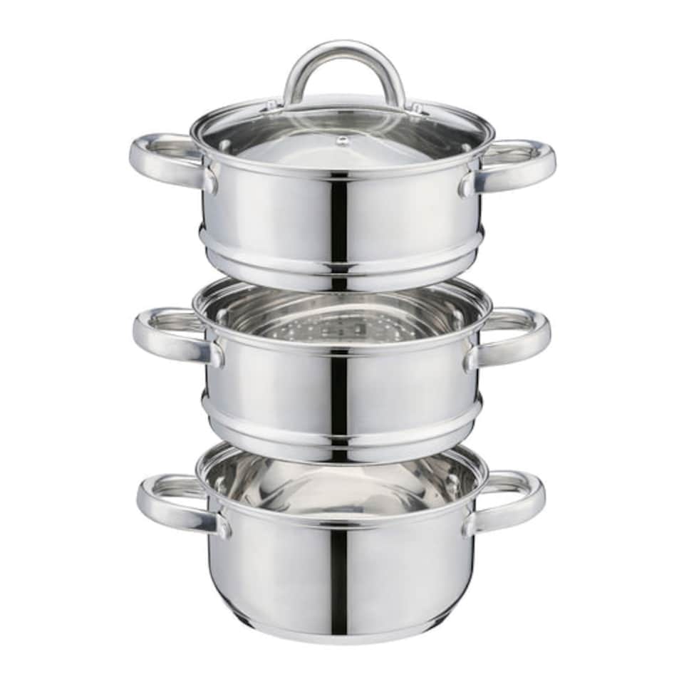 image 1 of Cooks Professional 3 Tier Stainless Steel Steamer Pan - Suitable for All Hobs | Silver | 16cm