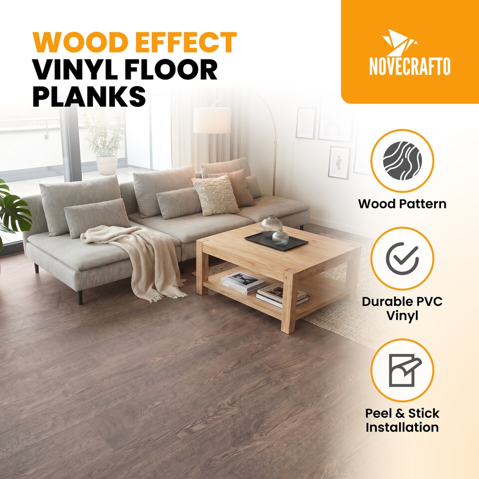 image 1 of NOVECRAFTO Self Adhesive Vinyl Floor Planks – Peel & Stick Flooring – Dark Brown Oak Effect – Easy DIY Installation – Durable & Waterproof Tiles | Brown | 4.17 sqm