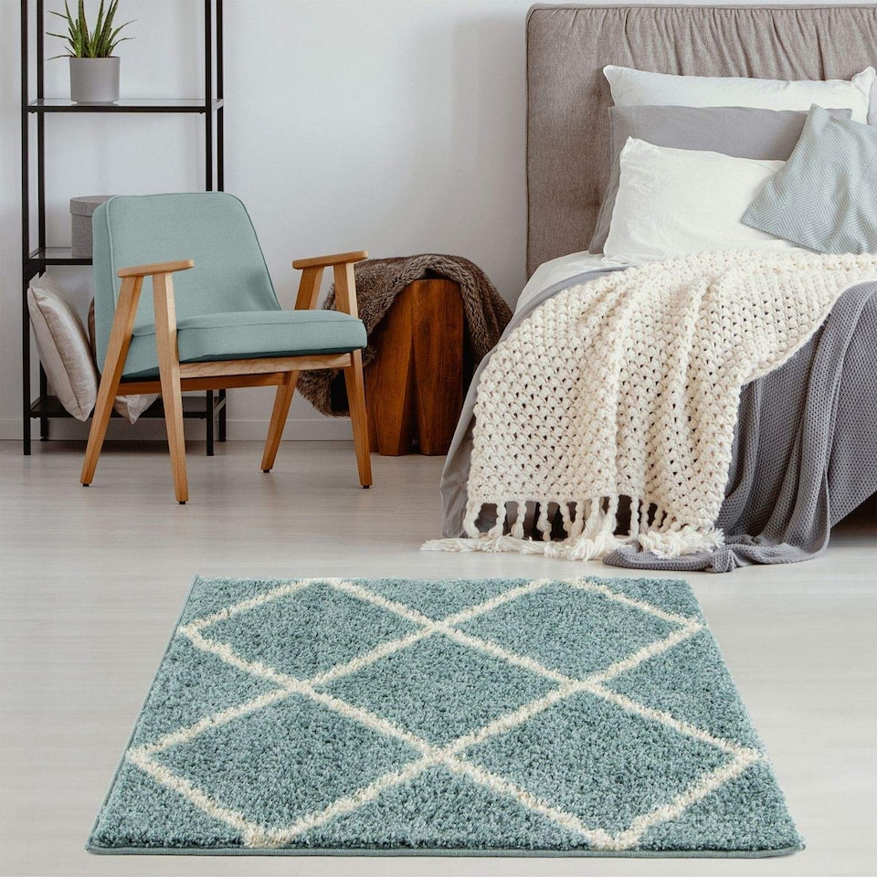 image 1 of The Rugs Moroccan Collection Soft High Pile Shaggy Diamond Floor Rugs and Runners Living Room