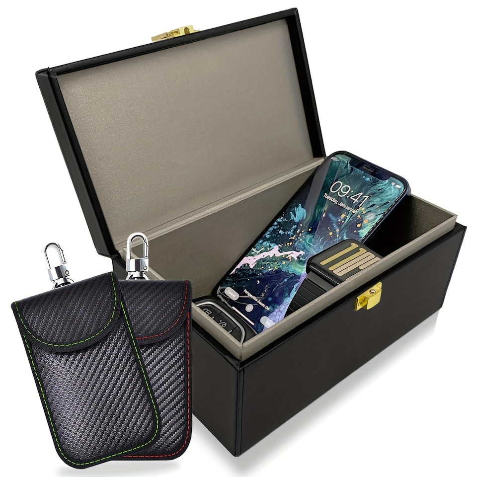 image 1 of Dyzi Faraday Key Box with 2 Signal Blocking Pouches Black Key Fob Protector