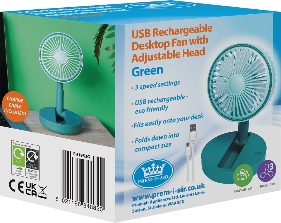 image 1 of Premier Compact USB Rechargeable Desktop Fan with Adj Head Green