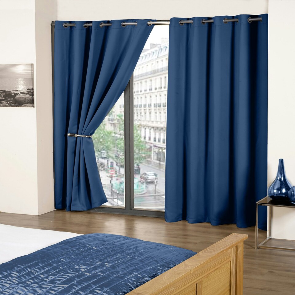 image 1 of Woven Thermal Blackout Eyelet Curtains Navy 168cm x 137cm | Blue | Blue