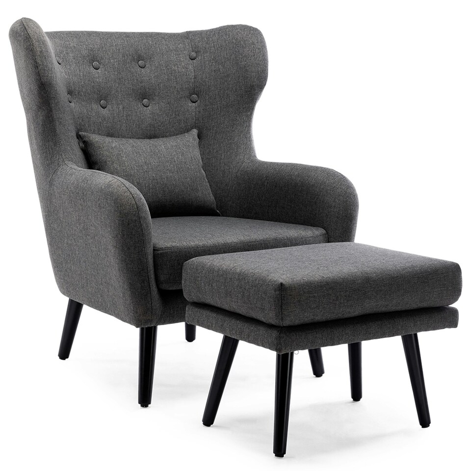 image 1 of Winslow Wing Back Fabric Occasional Button Back Armchair w Footstool (Grey)