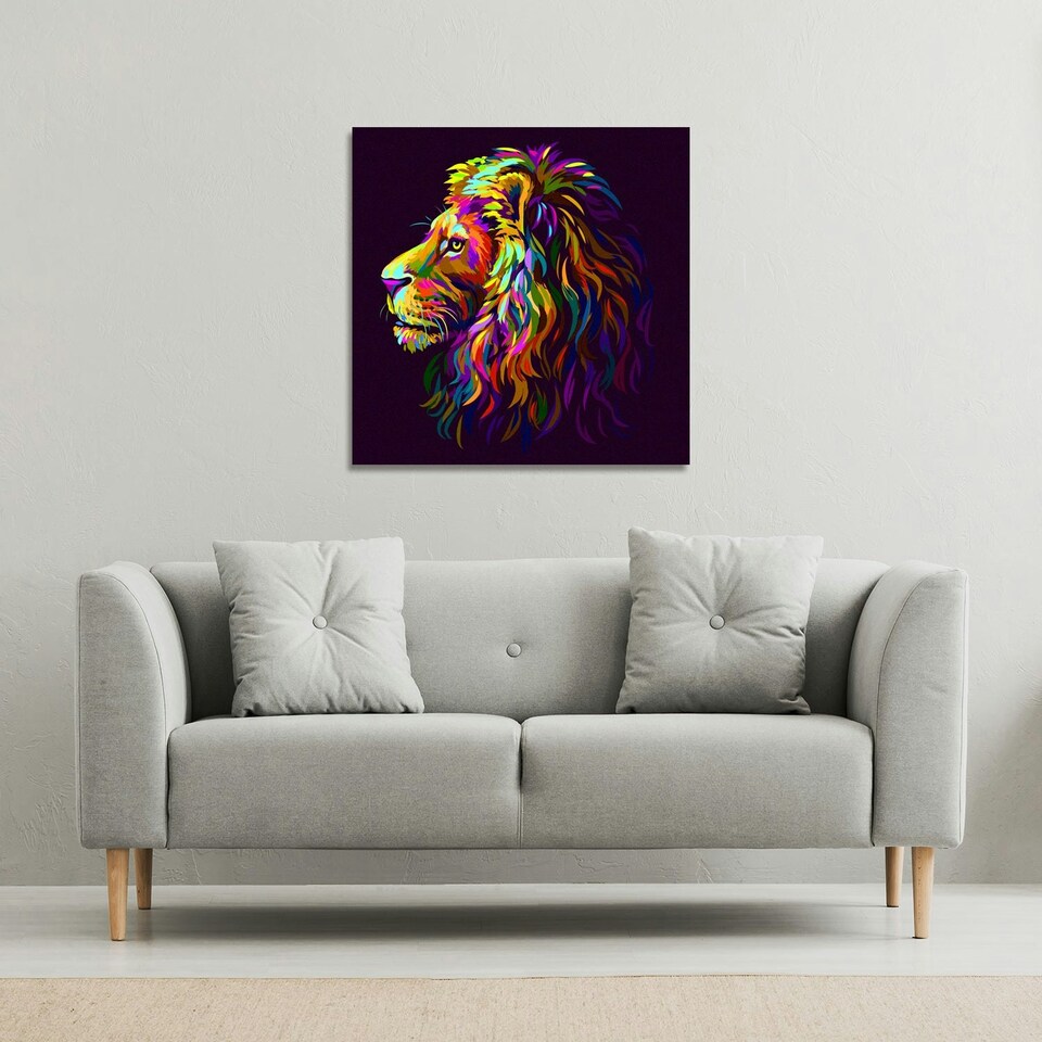 image 1 of lion's head on a purple background in popart style (Canvas Print) 46 x 46 x 4cm