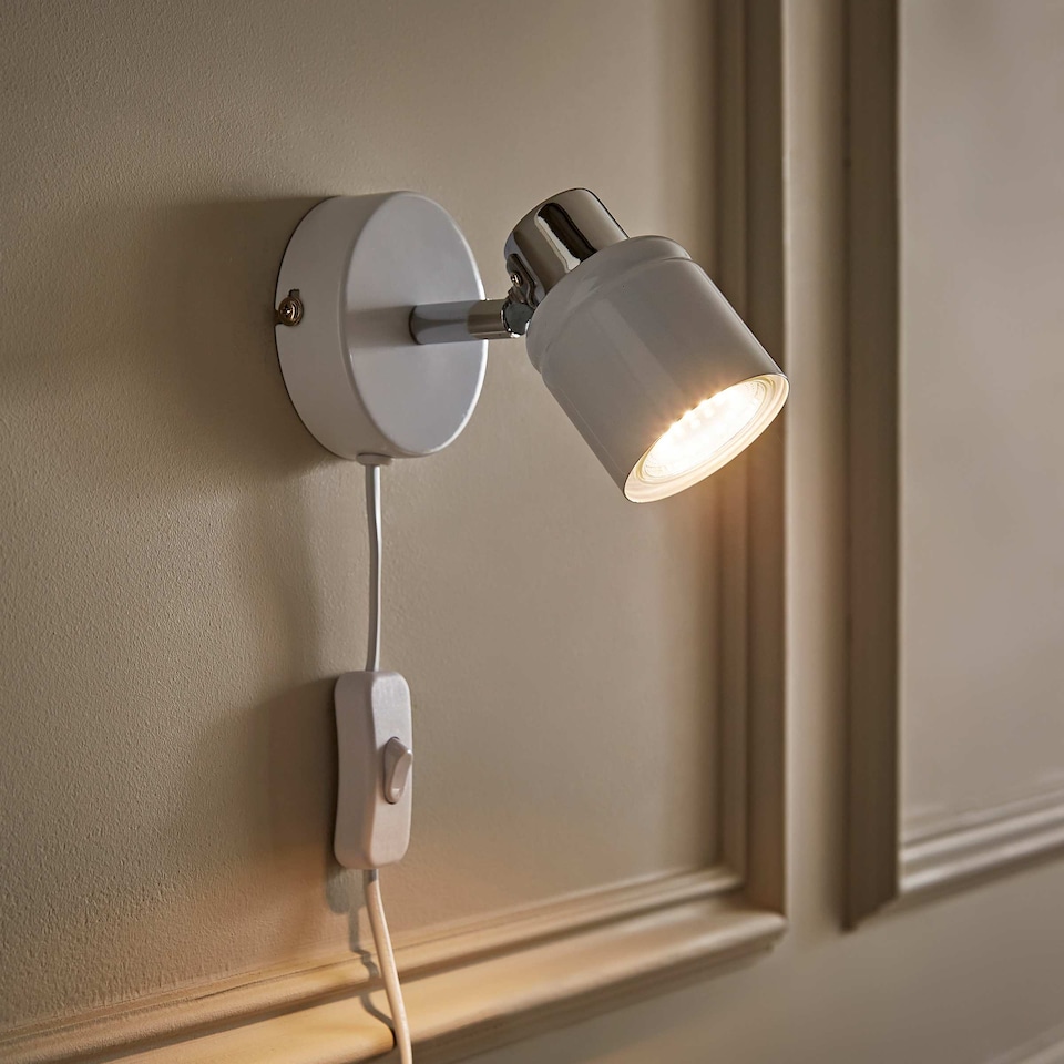 image 1 of ValueLights Modern White And Chrome Spotlight Wall Light With Cable And Switch | White