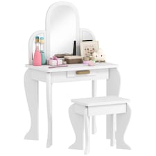 HOMCOM Kids Dressing Table and Stool Kids Vanity Set Makeup Desk w/ Mirror, Drawer, for Ages 3-6 Years, White | White
