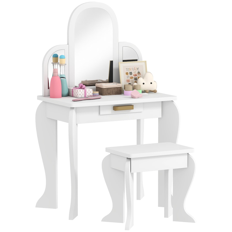 image 1 of HOMCOM Kids Dressing Table and Stool Kids Vanity Set Makeup Desk w/ Mirror, Drawer, for Ages 3-6 Years, White | White