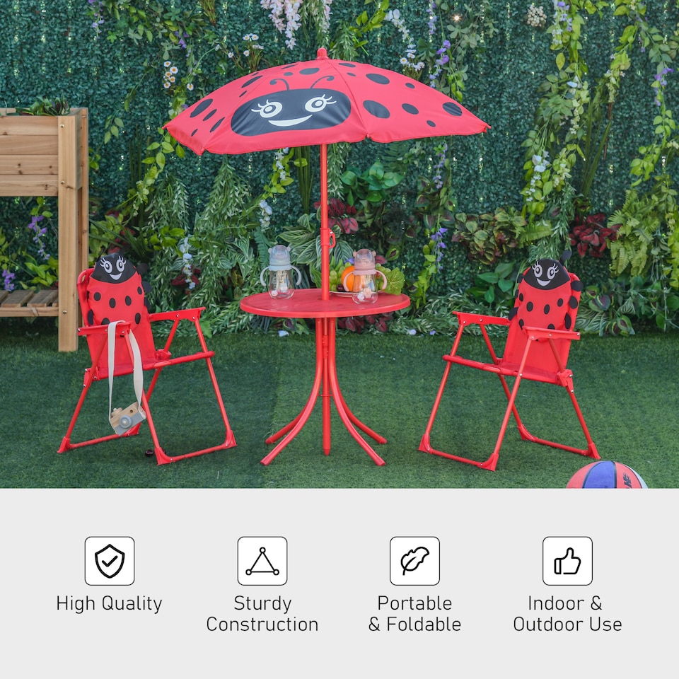 image 1 of Outsunny Kids Folding Picnic Table Chair Set Ladybug Pattern Outdoor w Parasol