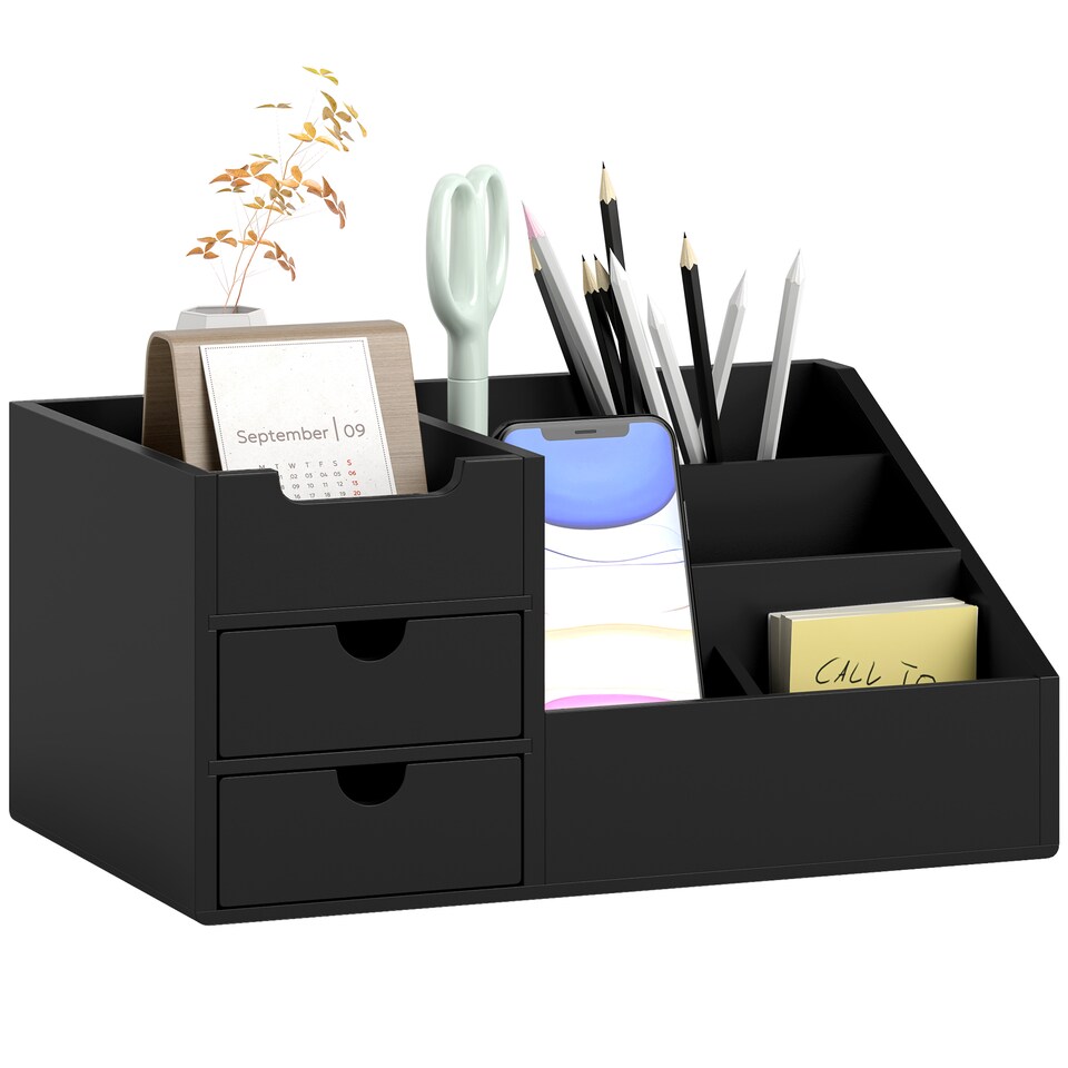 image 1 of HOMCOM Desk Organiser Holder, Bamboo Multi-Function Storage Caddy with 7 Storage Compartments and 2 Drawers for Home Office Stationary Supplies, Black | Black