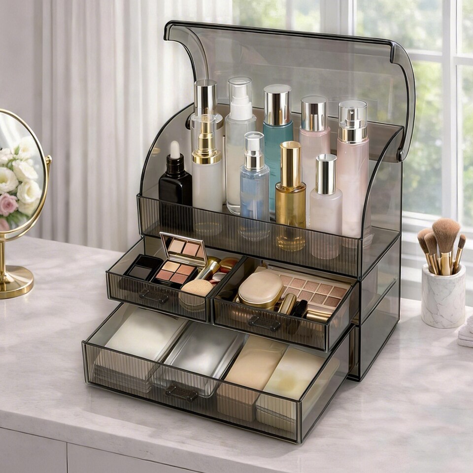 image 1 of ilus Makeup Storage Organiser Acrylic Cosmetics Organizer Transparent Black | Black | Black