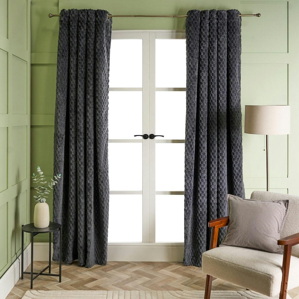 image 1 of OHS Waffle Fleece Soft Thermal Insulated Panel Pair Eyelet Curtains, 90x90" | Grey | Charcoal