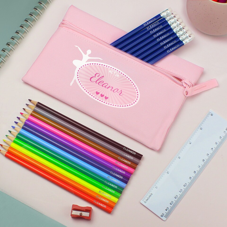 image 1 of Pink Ballerina Pencil Case with Personalised Pencils & Crayons Pink