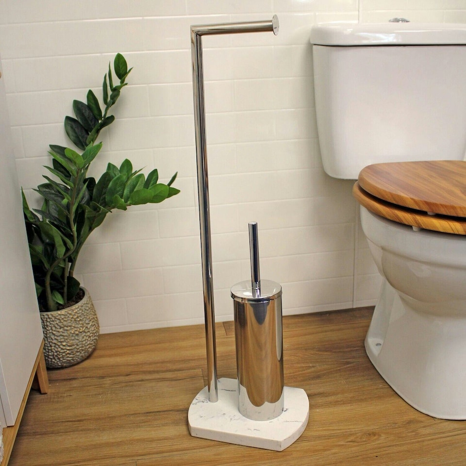 image 1 of Showerdrape Octavia White Marble & Chrome Toilet Roll Holder & Toilet Brush Combination