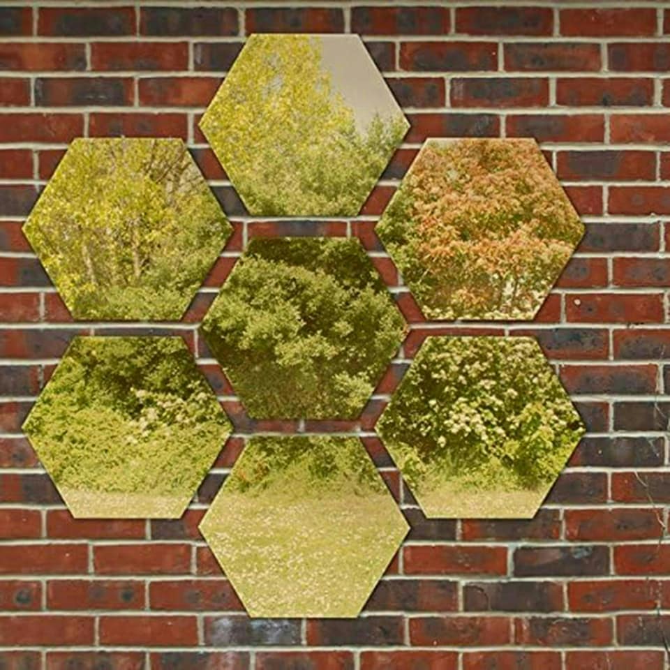 image 1 of Primrose Set of 4 Small Hexagonal Gold Garden Mirrors 11in