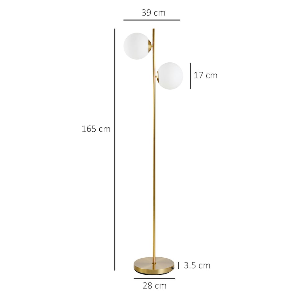 image 1 of HOMCOM 2 Glass Shade Floor Lamp Metal Pole Modern Decorative Floor Switch Gold