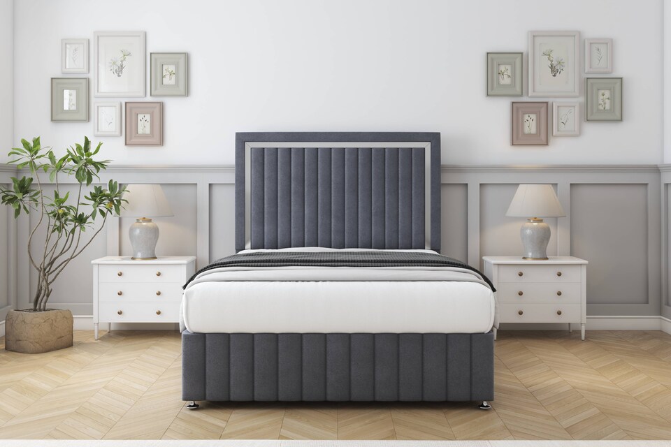 image 1 of Sloomy Boston Chrome Steel Plush Divan Bed With Mattress No Drawers With 26" Strutted Headboard & 12" Matching Footboard 5' King | Grey | Steel | King | 1