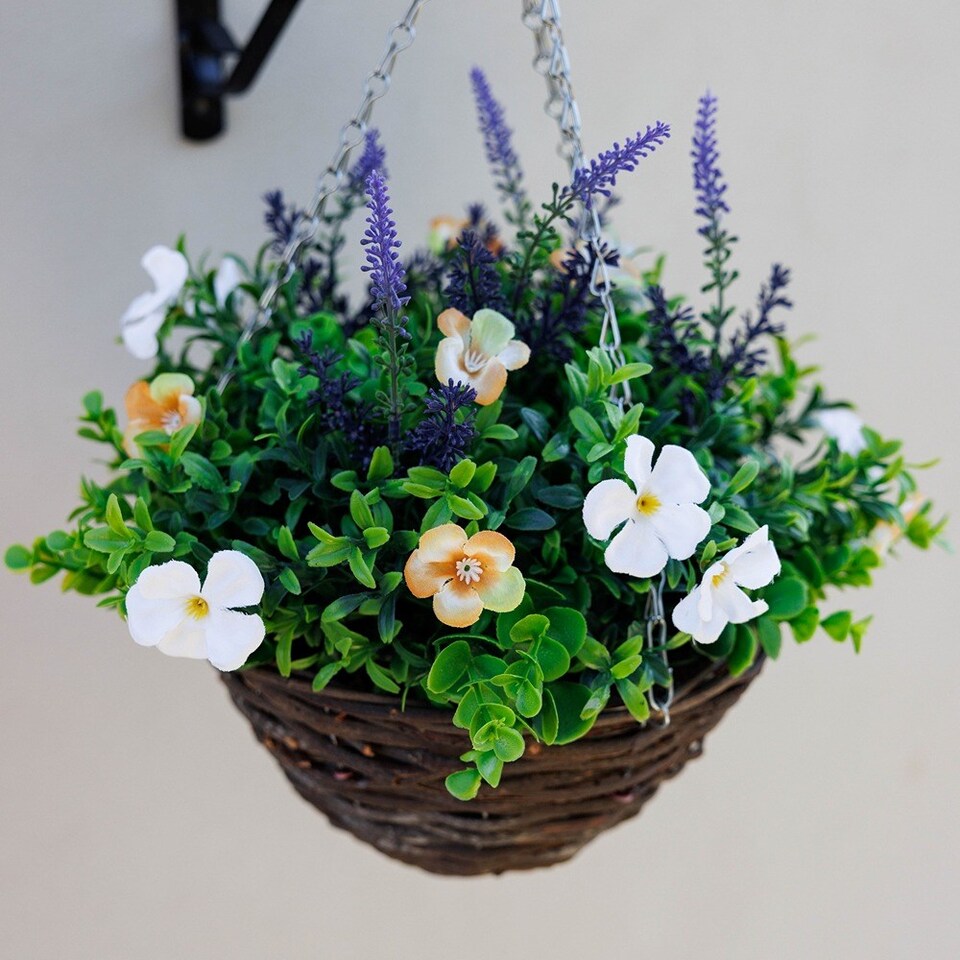image 1 of Artificial Wildflower Hanging Floral Arrangement in Wicker Basket 32cm | Brown | Brown | 1