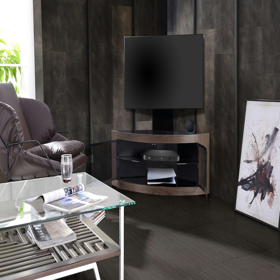 image 1 of Centurion Supports PANGEA Black/Walnut Beam-Thru Curved True-Corner 32"-50" TV Cabinet with Mounting Arm Black | Walnut