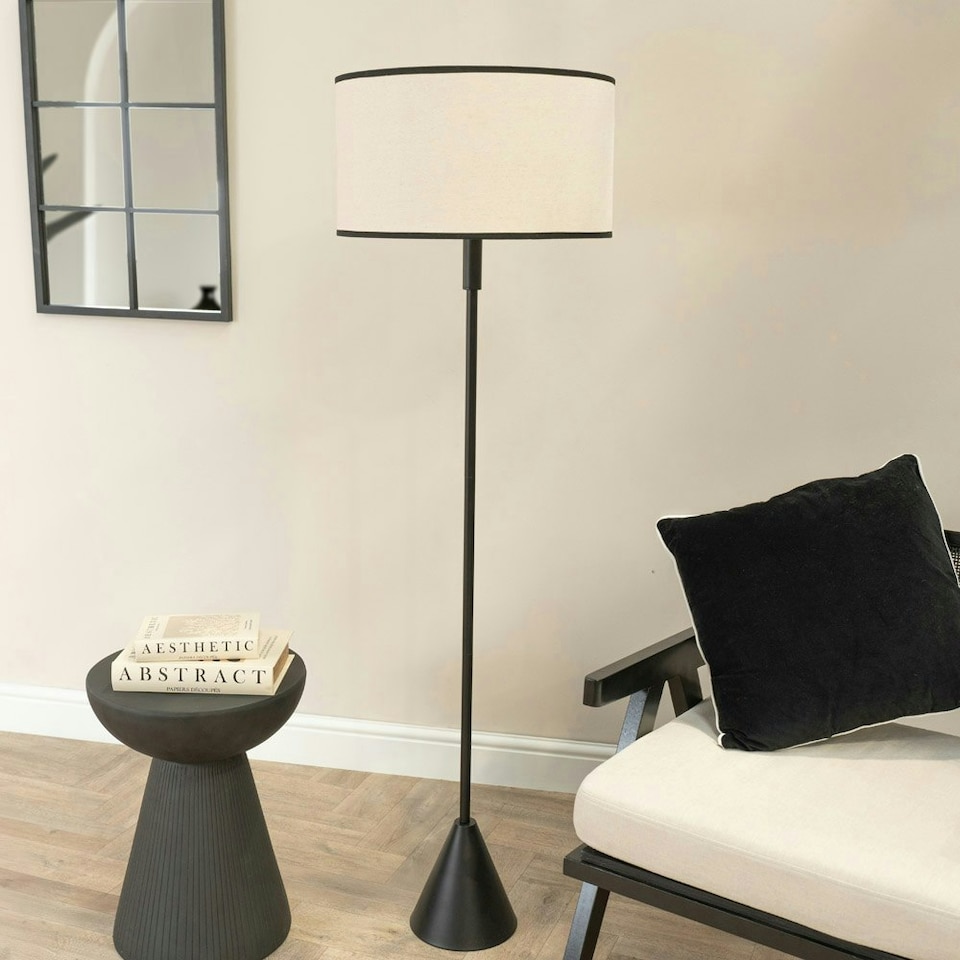 image 1 of ValueLights Mitch Natural Linen Black Trim Lamp Shade Black Wood Stem Triangle Floor Lamp Black