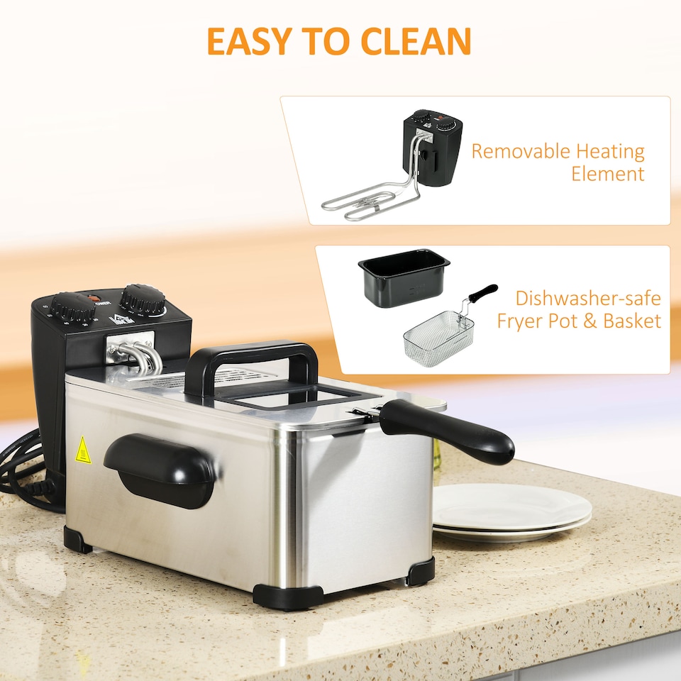 image 1 of HOMCOM 3 Litre Deep Fat Fryer Stainless Steel with Adjustable Temperature, 60min Timer, Removable Oil Basket, Viewing Window and Safety Cut Out, 2000W