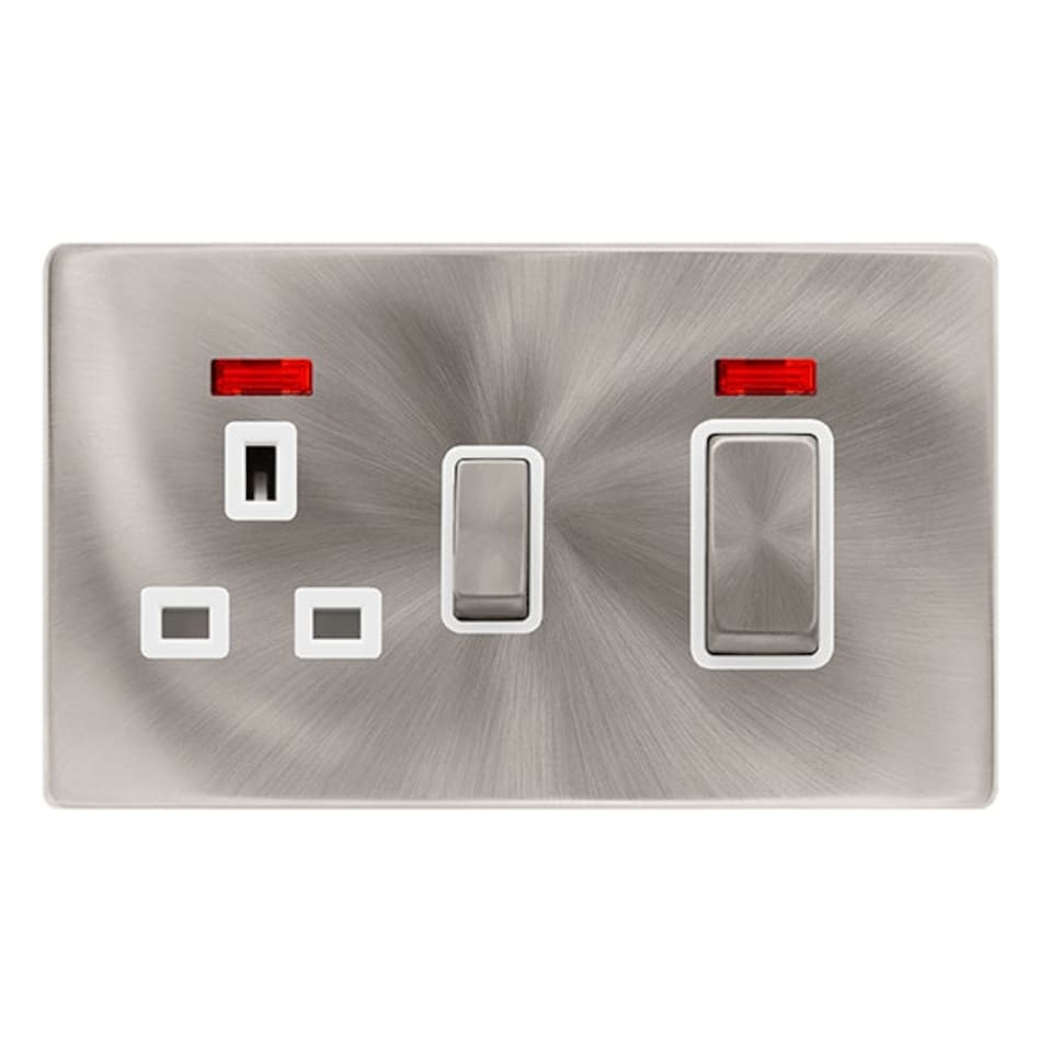 SE HOME Brushed Steel Screwless Plate Cooker Control Ingot 45A With 13A Switched Plug Socket & 2 Neons - White Trim - SE Home White | Brushed Steel