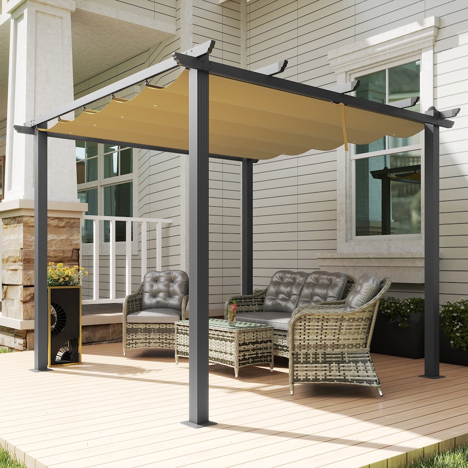 image 1 of Outsunny 3 x 3m Pergola with Retractable Roof, Aluminium Frame Garden Gazebo Canopy Outdoor Sun Shade Shelter for Grill, Patio, Deck, Khaki