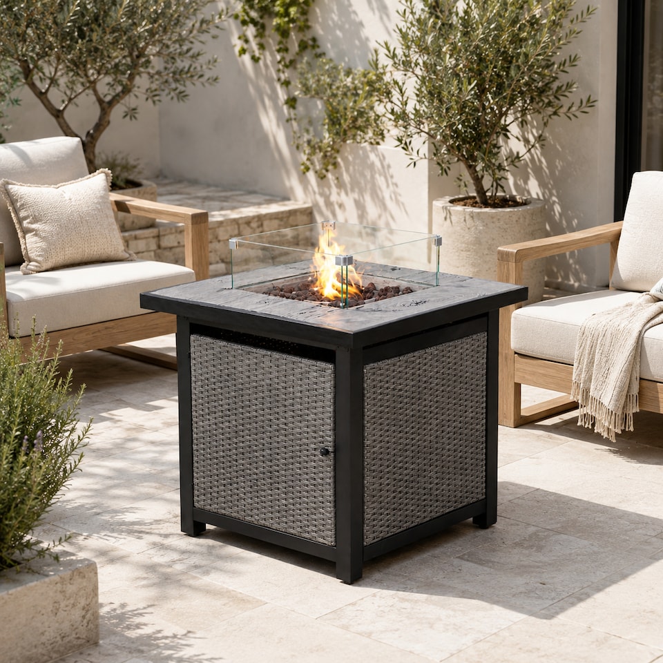 image 1 of Teamson 86cm Propane Gas Fire Pit Table with Rattan Base, 40,000 BTU