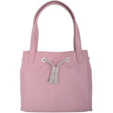 Genuine Soft Leather Contrast Drawstring Tote Style Shoulder Handbag | Pink | Blush
