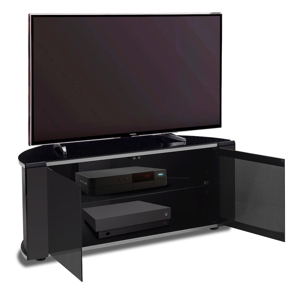 image 1 of MDA Designs Sirius 850 Remote Friendly Beam Thru Glass Door Gloss Piano Black with Black Front Profiles & Silver Trim up to 40" LCD/Plasma/LED Cabinet TV Stand | Multi | 1