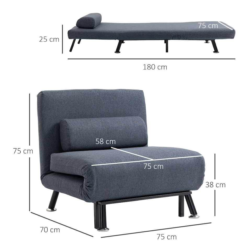 image 1 of HOMCOM Folding 5 Position Convertible Sleeper Chair Sofa Bed Dark Grey