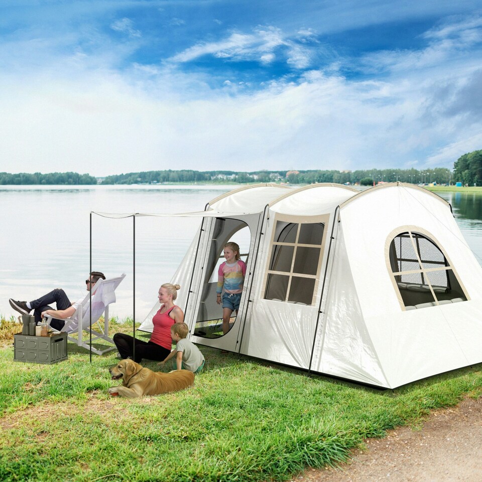 image 1 of Outsunny 3-4 Man Tunnel Tent with Sewn in Floor, 3000mm Waterproof Cream | Khaki