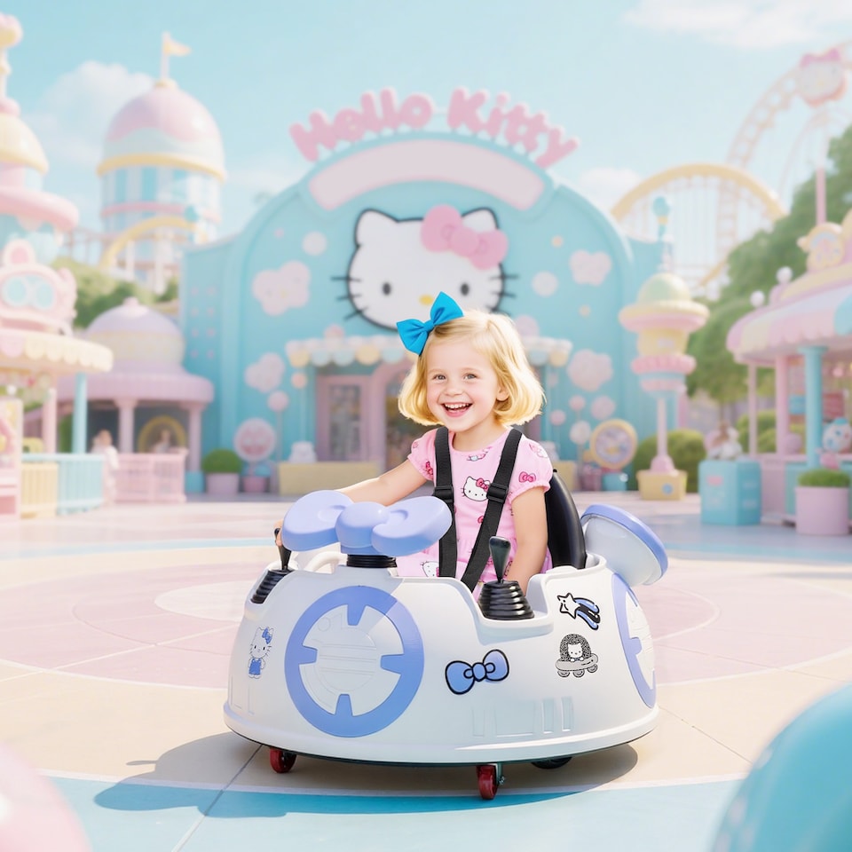 image 1 of AIYAPLAY Hello Kitty Licensed Kids Bumper Car with Remote Control, 360  Rotation Spin Electric Ride On Waltzer Car with Dual Joysticks, Music, Lights, Safety Belt, for 1.5-5 Years Old, White