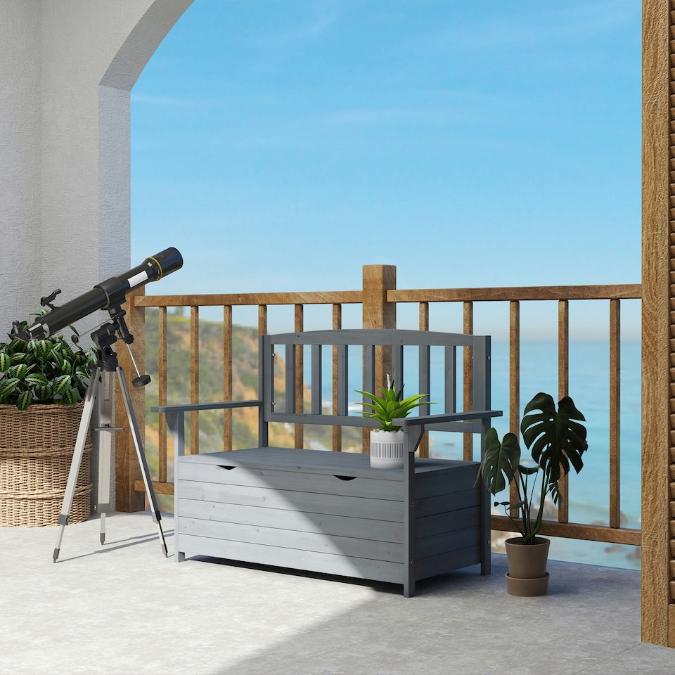 image 1 of Outsunny Garden Storage Bench, 2 Seater Fir Wood Outdoor Bench, Dark Grey