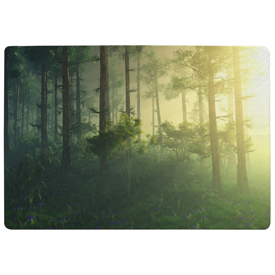 image 1 of Forest in the morning in a fog in the sun, trees in a haze of light, glowing fog among the trees (Rug) Green | XL