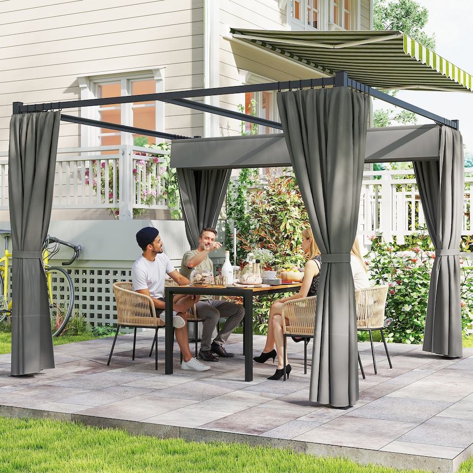 image 1 of Outsunny 3 x 3(m) Pergola with Retractable Roof and Curtains, Light Grey