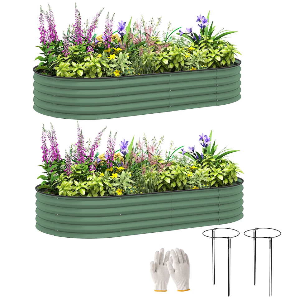 image 1 of Outsunny Set of 2 Raised Beds for Garden with Metal Plant Stakes, Dark Grey | Green | Green