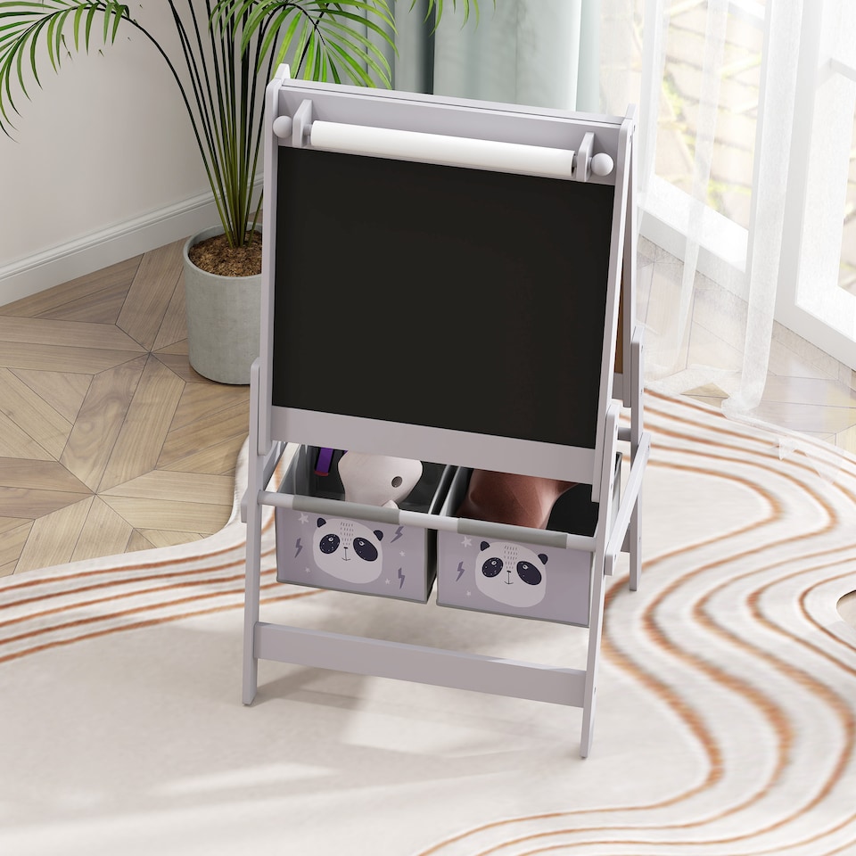image 1 of AIYAPLAY Kids Easel with Paper Roll, Blackboard, Whiteboard, Storage, Grey