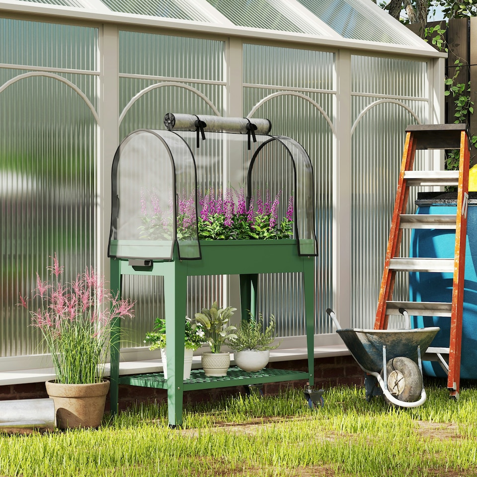 image 1 of Outsunny Mobile Raised Garden Bed with Greenhouse Cover, Green Green