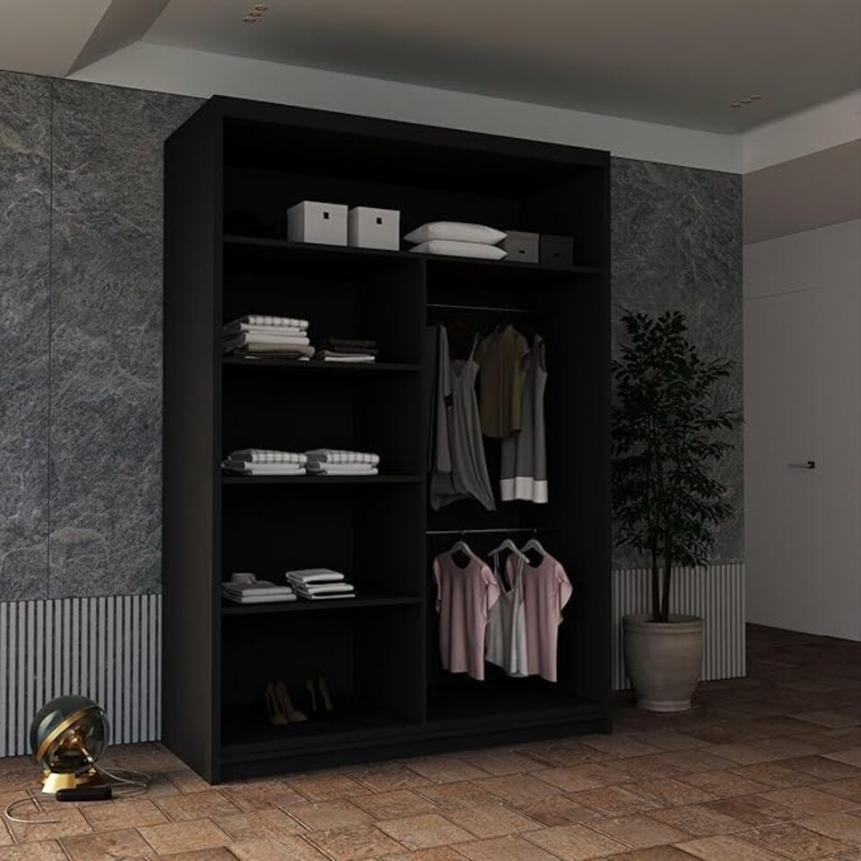 image 1 of Modern Sliding Wardrobe 120cm with Wavy Mirror Design | White, Black, Grey, Oak Finish Black | Black120cm 