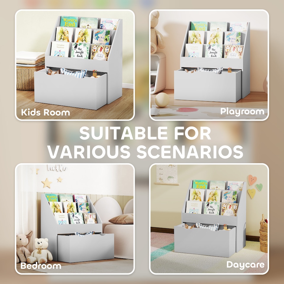 image 1 of AIYAPLAY Kids Bookshelf, Bookcase Toy Storage Organiser with 3 Tier Shelves, Drawer, for Bedroom, Nursery, Playroom, Classroom | Grey