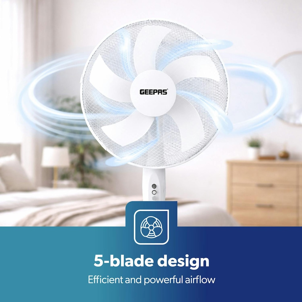 image 1 of GEEPAS 16 inch 5 Blades Pedestal Free Standing Fan 45W, White
