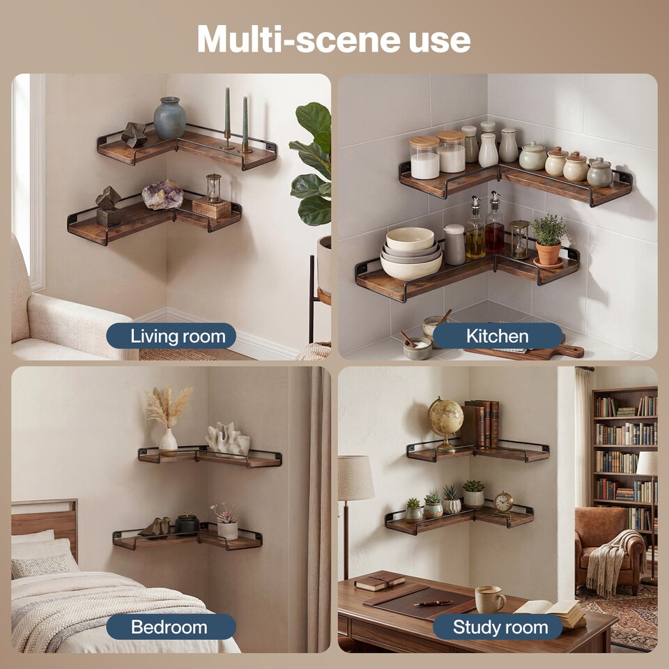 image 1 of Levede Floating Shelves Set 2PC L-Shaped Corner Shelf Wall Mounted Wood Brown