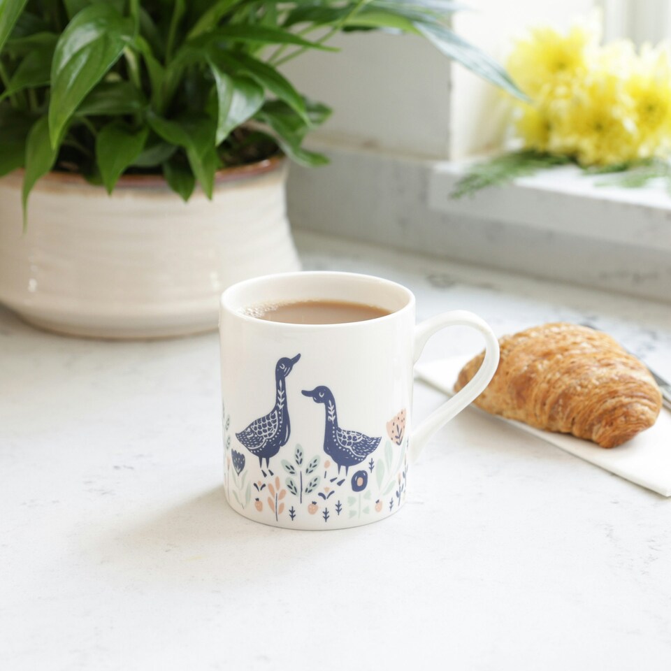 image 1 of KitchenCraft Fine Bone China Woodcut Goose 250ml Can Mug | Multi