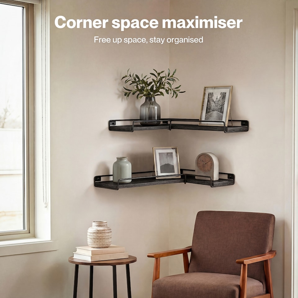 image 1 of Levede Floating Shelves Set of 2 L-Shaped Corner Shelves Wall Mounted Black