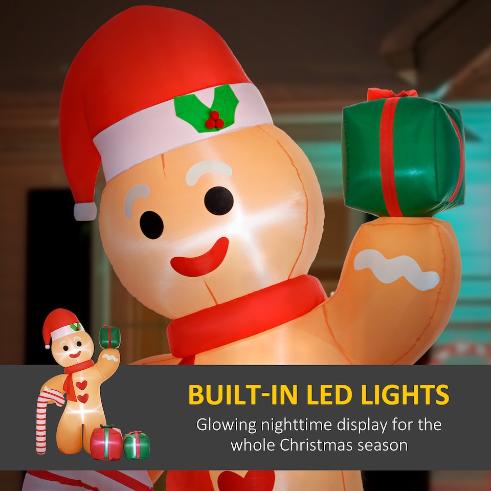 image 1 of Outsunny 8FT Christmas Inflatable Gingerbread Man with Candy Cane and Three Gift Bags, Christmas Blow Up Outdoor LED Display for Garden Party