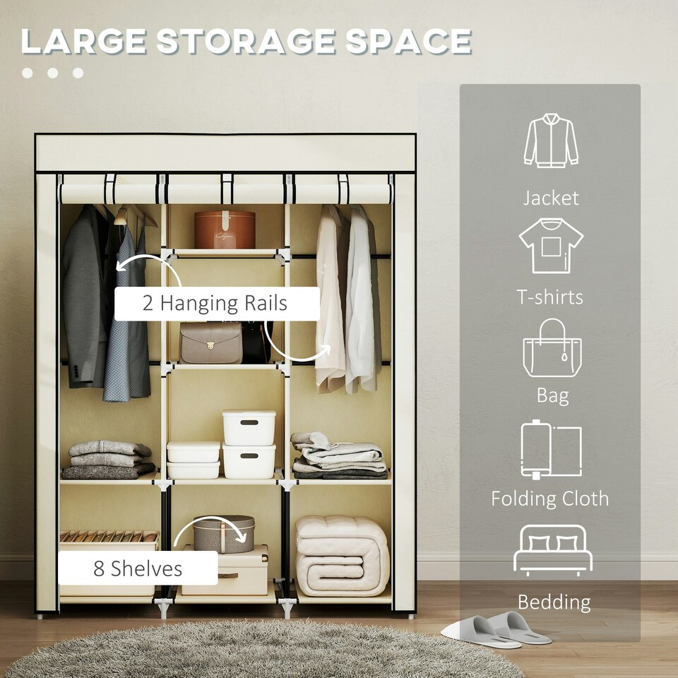 image 1 of HOMCOM Fabric Portable Wardrobe with 8 Shelves 2 Hanging Rails, Cream White Cream