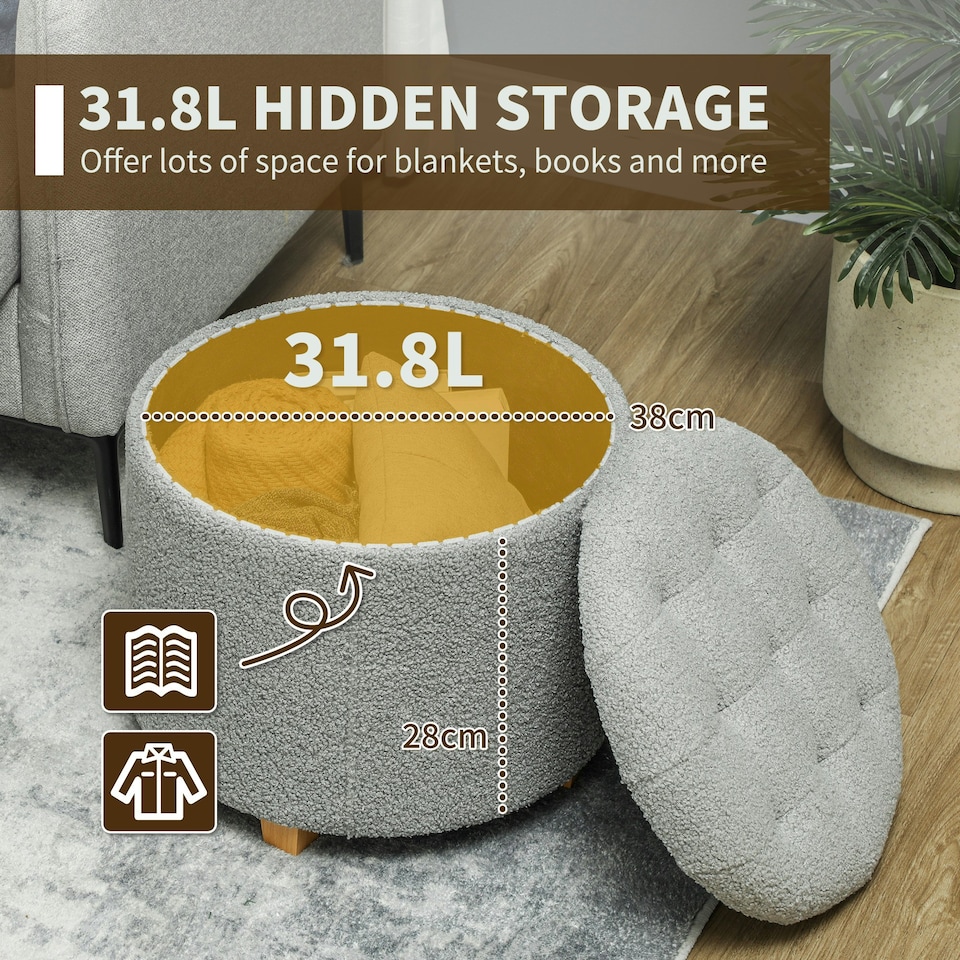 image 1 of HOMCOM 45cm Round Ottoman with Storage, Lid, Cashmere Footstool, Grey