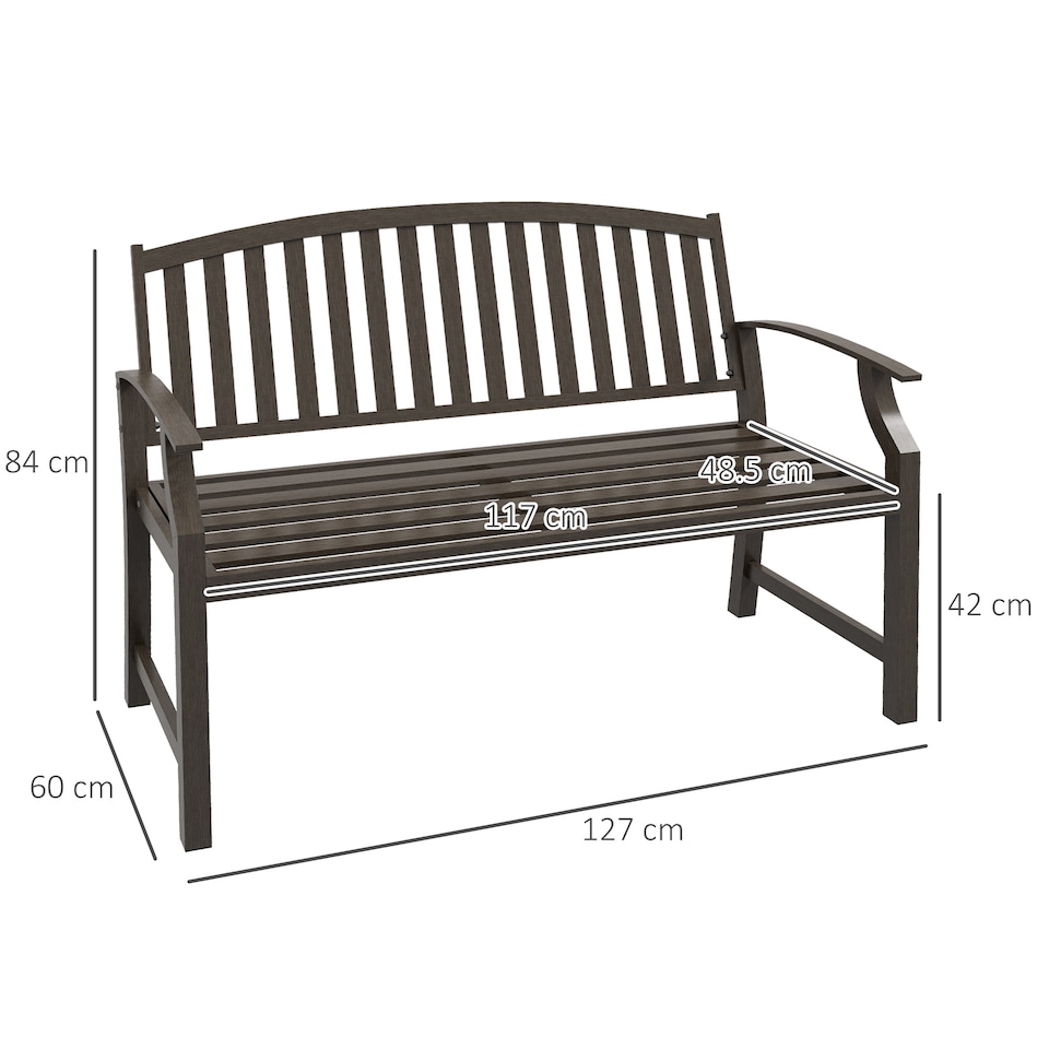 image 1 of Outsunny Garden Bench, Outdoor Metal Bench with Slatted Seat and Backrest, Curved Armrest, for Conservatory, Garden, Poolside, Deck, Brown